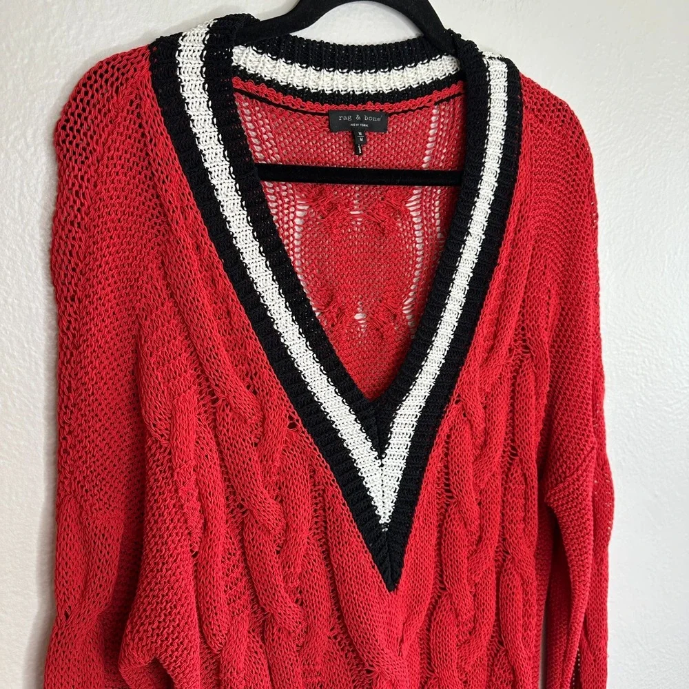 Rag & Bone Red Open Knit Cable Varsity V-Neck Sweater Mens Medium Striped Trim‎